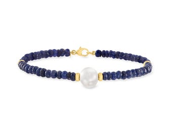 Pulseira de Pérola e Safira Azul, Pulseira em Prata 925, Pedra de Nascimento de Setembro, Pulseira Banhada a Ouro 14k, Pulseira Artesanal de Pérola e Safira - Presente