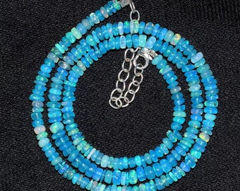 Blue Natural Opal Smooth Beaded Necklace Vintage Ethiopian Fire Opal Beaded Necklace October birthstone October Birthstone Jewelry Women