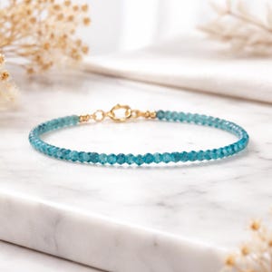 Pulsera de cuentas facetadas de apatita azul / Plata de ley 925, cuentas de 3,5-4 mm