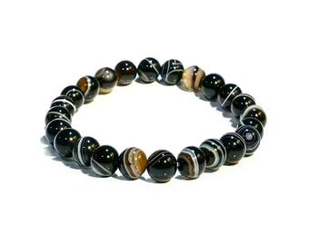 Schwarz gebändertes Achat Armband, 8 mm Sulemani Hakik, Schutzkristall