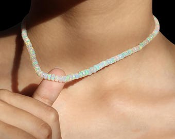 Ethiopian Opal Beads Necklace, White Fire Rondelle Opal, October Birthstone