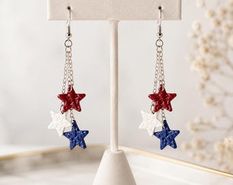 Red White Blue Star Dangle Earrings | Patriotic Polymer Clay Earrings | 4th of July Jewelry | USA Statement Earrings | Memorial Day Gift