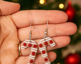 Handmade Gingerbread Candy Cane Earrings, Christmas Polymer Clay Earrings, Holiday Gift for Her, Cute Red & White Dangle Earrings
