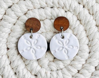 Sand dollar earrings, Summer earrings, Polymer clay, Beach earrings, Seashell statement earrings.