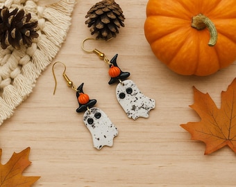 Polymer Clay Ghost Earrings, Halloween Dangle Earrings, Pumpkin Witch Hat Earrings,  Fall Jewelry, Spooky Cute Handmade Earrings