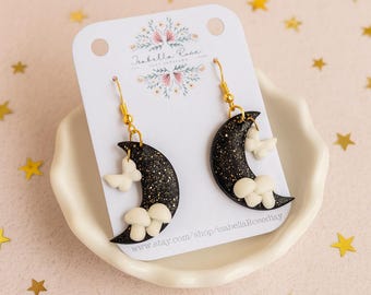 Handmade Black Crescent Moon Earrings with Mushrooms, Whimsical Boho Polymer Clay Jewelry, Unique Cottagecore Gift for Her