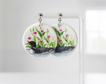 Loon dangle earrings, Bird Earrings, Common loon, Birdwatcher gift, Water bird, Loon clay earrings.