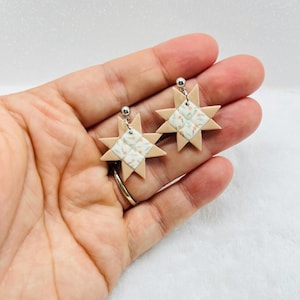 Quilt pattern earrings, Quilters gift, Sawtooth star quilt block dangle earrings, Quilt lover earrings, Quilt square earrings.