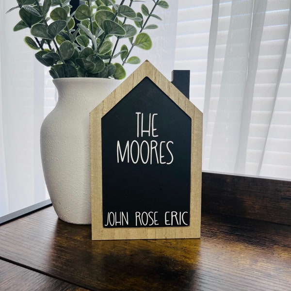Personalized family name sign, Shelf decor, Wood decor house shaped sign, House warming gift, Gift for mom