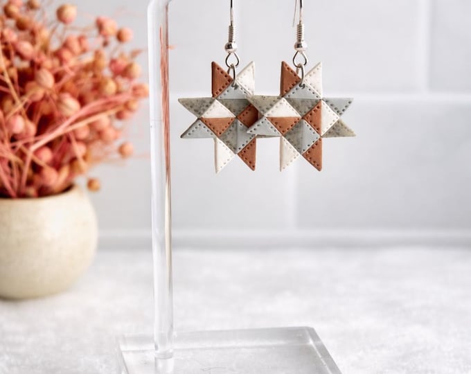 Quilt pattern earrings, Quilters gift, Sawtooth star quilt block dangle earrings, Quilt lover earrings, Quilt square earrings.
