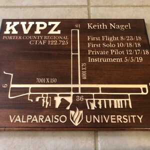 K&ouml;nnte beinhalten: Eine Holzplakette mit brauner Beize und einem hellbraunen, gravierten Design. Die Plakette zeigt ein Flugplatzlayout mit dem Text "KVPZ Porter County Regional CTAF 122.725" und "Valparaiso University". Die Plakette enth&auml;lt auch den Text "Keith Nagel" und Flugmeilensteine.