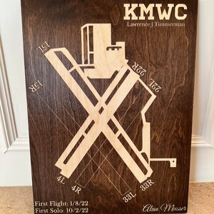 K&ouml;nnte beinhalten: Eine Holzplakette mit braunem Hintergrund und einem hellbraunen Design einer Flughafenlandebahn. Die Plakette enth&auml;lt den Text "KMWC Lawrence J Timmerman 22R 767 33L 33R 4L 4R First Flight: 1/8/22 First Solo: 10/2/22 Alan Musser".