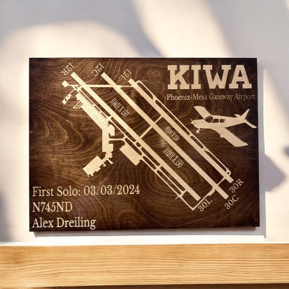 First Solo Pilot Gift – Custom Airport Diagram Plaque, Engraved Runway Map for Flight Training Milestones