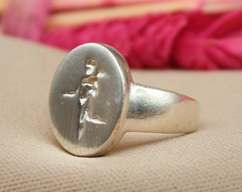 Angel Sterling Silver Signet Ring, Handmade 925 Solid Silver Oval Ring, Unique Jewelry Gift for Her and Him