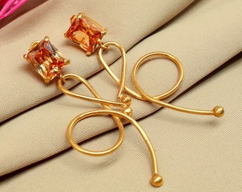 Silver Citrine Dangle Drop Earrings | Sterling Dangle Earrings | 24k Gold Over Yellow Stone Earrings