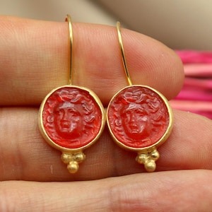 Medusa Intaglio Red Glass Earrings,  Handmade Jewelry, Greek Mythology Gift for Her, Unique Earrings, Elegant Statement Jewelry
