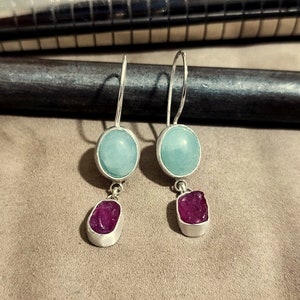 Raw Ruby and Aquamarine Silver Earrings 925K Sterling Silver Handmade Raw Stone Earrings Gold Over Minimalist Earring image 1