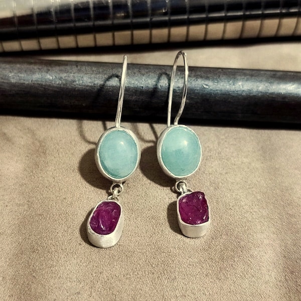 Raw Ruby and Aquamarine Silver Earrings | 925K Sterling Silver | Handmade Raw Stone Earrings Gold Over | Minimalist Earring