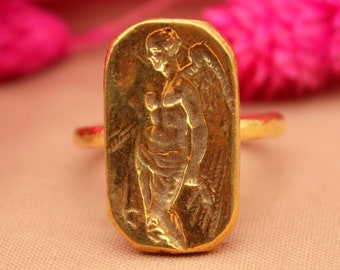 Angel Intaglio Roman Coin Sterling Silver Ring | 24k Gold Over Coin  | Gold Vermeil Ring | Gold Ring | Ancient Greek Coin Ring | Signet Ring