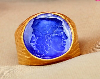 God Janus Intaglio 925k Sterling Silver Men Ring  | Silver Men Ring |  Ring | Signet Ring | Mothers Day | Real Venetian Glass Ring