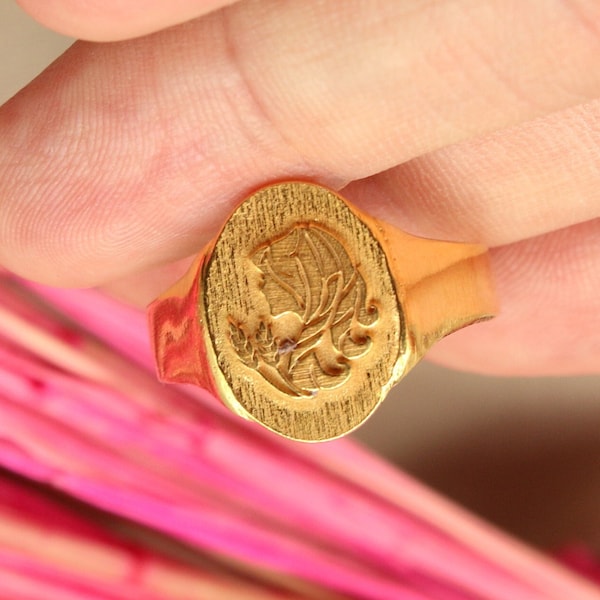 Virgo Signet Silver Ring 24k Gold Plated Zodiac Sign Ring The Maiden of Wheat Symbol, Goddess of Agriculture Jewelry