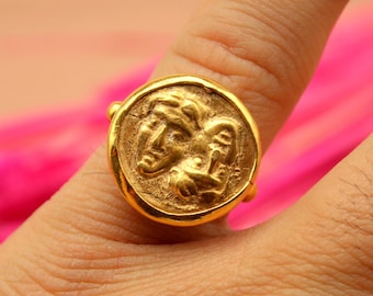 Intaglio Signet Ring Roman Coin Sterling Silver Ring | 24k Gold Over Coin Ring | Gold Vermeil Ring | Ancient Greek Coin Ring | Signet Ring