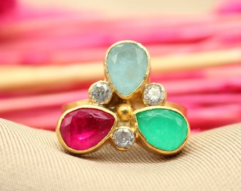 Ruby, Aquamarine and Emerald Silver Ring Handmade Jewelry Christmas Gift