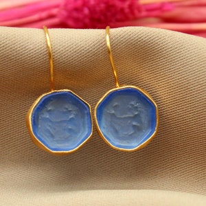 Ancient Greek Angel Intaglio Blue Glass Earrings,  Handmade Jewelry, Unique Gift for Her, Mythology Earrings, Elegant Jewelry