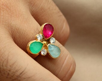 14k Solid Gold Rubin, Aquamarin und Smaragd Ring Handgemachter Schmuck Weihnachtsgeschenk