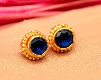 Brilliant Cut Sapphire Earrings | Radiant Deep Blue Sapphire Studs | Round Faceted Deep Blue Sapphire Earrings | Bright Blue Sapphire Studs