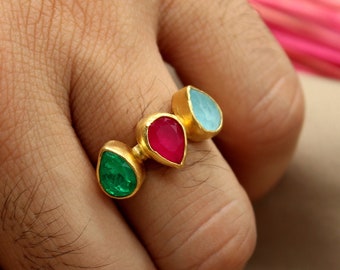 14k Solid Gold Rubin, Aquamarin und Smaragd Ring Handgemachter Schmuck Weihnachtsgeschenk