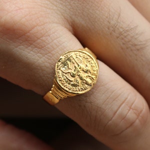 Intaglio Roman Coin Sterling Silver Ring | 24k Gold Over Coin Ring | Virgin Mary Ring | Gold Ring | Ancient Coin Ring | Men Signet Ring