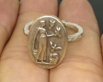 Roman Art Ancient Greek Woman with Pigeons  Intaglio Coin Signet Ring Silver Gold Coin Over Intaglio Signet Ring Silver Jewelry Aphrodite