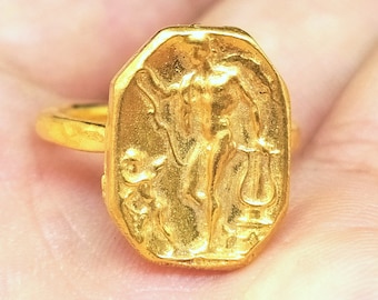 God Hercules Intaglio Signet Ring  Roman Coin Sterling Silver Ring 24k Gold Over Coin  Gold Vermeil | Ancient Greek Coin Ring | Signet Ring