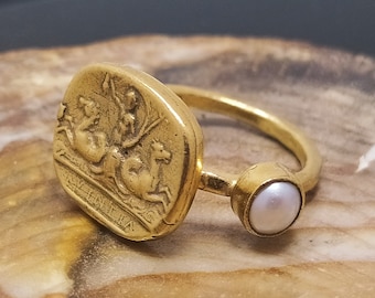 Signet Ring Intaglio Roman Coin Pearl Sterling Silver Ring 24k Gold Over Coin  Gold Ring | Greek mythology | Pearl Silver Ring | Signet Ring