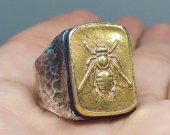 Bague abeille en taille-douce pour homme avec pièce de monnaie romaine | Bague Zeus | Bague abeille | Oxyde d'argent 925 carats | Bague de bénédiction | Bague avec pièces de monnaie Ionia Ephesus, chevalière