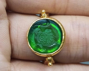 Intaglio Glass Lion Signet Silver Ring | Intaglio Art Glass Ring Zodiac Lion Ring | Leo Intaglio Glass Ring | Valentines Day | By Artsmyrna
