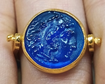 Alexander the Great Intaglio Glass Silver Ring | Intaglio Art Glass Ring Gold Over | Fashion Ring | Carved Intaglio | By Artsmyrna