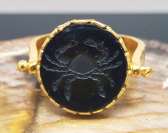 Intaglio Glass Black Crab Roman Coin Sterling Silver Ring Intaglio Glass Black Crab Roman Coin Sterling Silver Ring