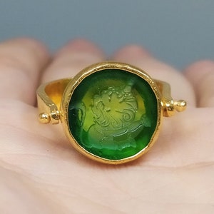 Intaglio Glass Lion Signet Silver Ring | Intaglio Art Glass Ring Zodiac Lion Ring | Lion Intaglio Glass Ring | Gold Signet Ring | Artsmyrna