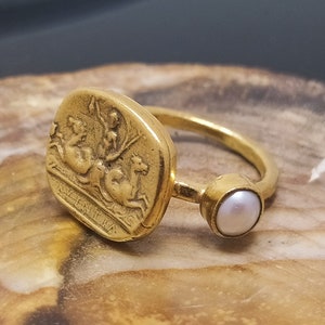 Zegelring diepdruk Romeinse munt parel sterlingzilveren ring 24-karaats gouden gouden ring | Griekse mythologie | Parelzilveren ring | Zegelring