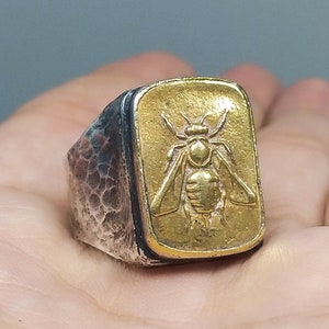 Roman Coin Intaglio Men Bee Ring | Zeus Ring | Honey Bee Ring | 925K oxide Silver | Blessing Ring | Ionia Ephesus Coins Ring  Signet Ring