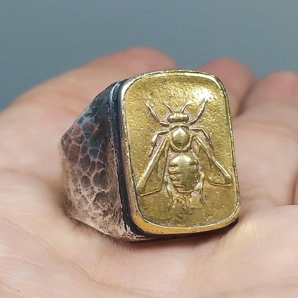 Moneda romana Intaglio Hombres Anillo de abeja / Anillo Zeus / Anillo de abeja de miel / Plata de óxido 925K / Anillo de bendición / Anillo de monedas de Éfeso Ionia Anillo de sello