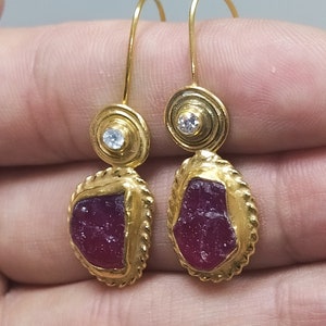 Ruby Earrings Solid Sterling | 925K Sterling Silver | Handmade Ruby Earrings Gold Over | Minimalist Earring | Dangle Earrings | By Artsmyrna