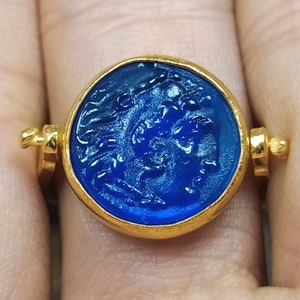 Alexander the Great Intaglio Glass Silver Ring | Intaglio Art Glass Ring Gold Over | Fashion Ring | Carved Intaglio | By Artsmyrna