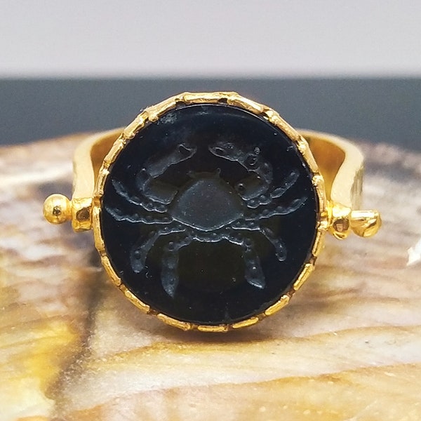 Intaglio Glass Black Crab Roman Coin Sterling Silver Ring | Coin Ring | Gold Vermeil Ring | Gold Overlay Ring | Ancient Greek Coin Ring