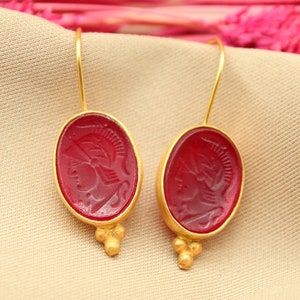 Roman Soldier Intaglio Red Glass Earrings, Gold-Plated Silver Handmade Jewelry, Historical Gift for Her, Unique Earrings, Statement Jewelry