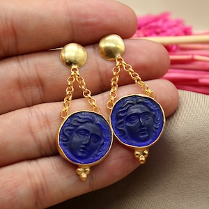 Blue Apollo Silver Earrings Intaglio Glass Apollo Greek Dangle Earrings Personalized Gift Christmas Gift Blue Apollo Glass intaglio earrings