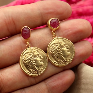 Raw Ruby and Intaglio Roman Coin Silver Earrings