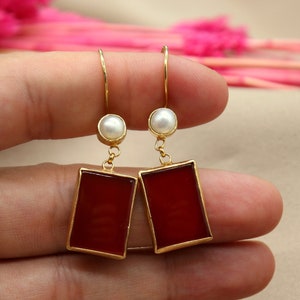 Pearl and Carnelian Silver Earrings |  Pearl Earrings| Carnelian Earrings |  Dainty Gift | Christmas Gift